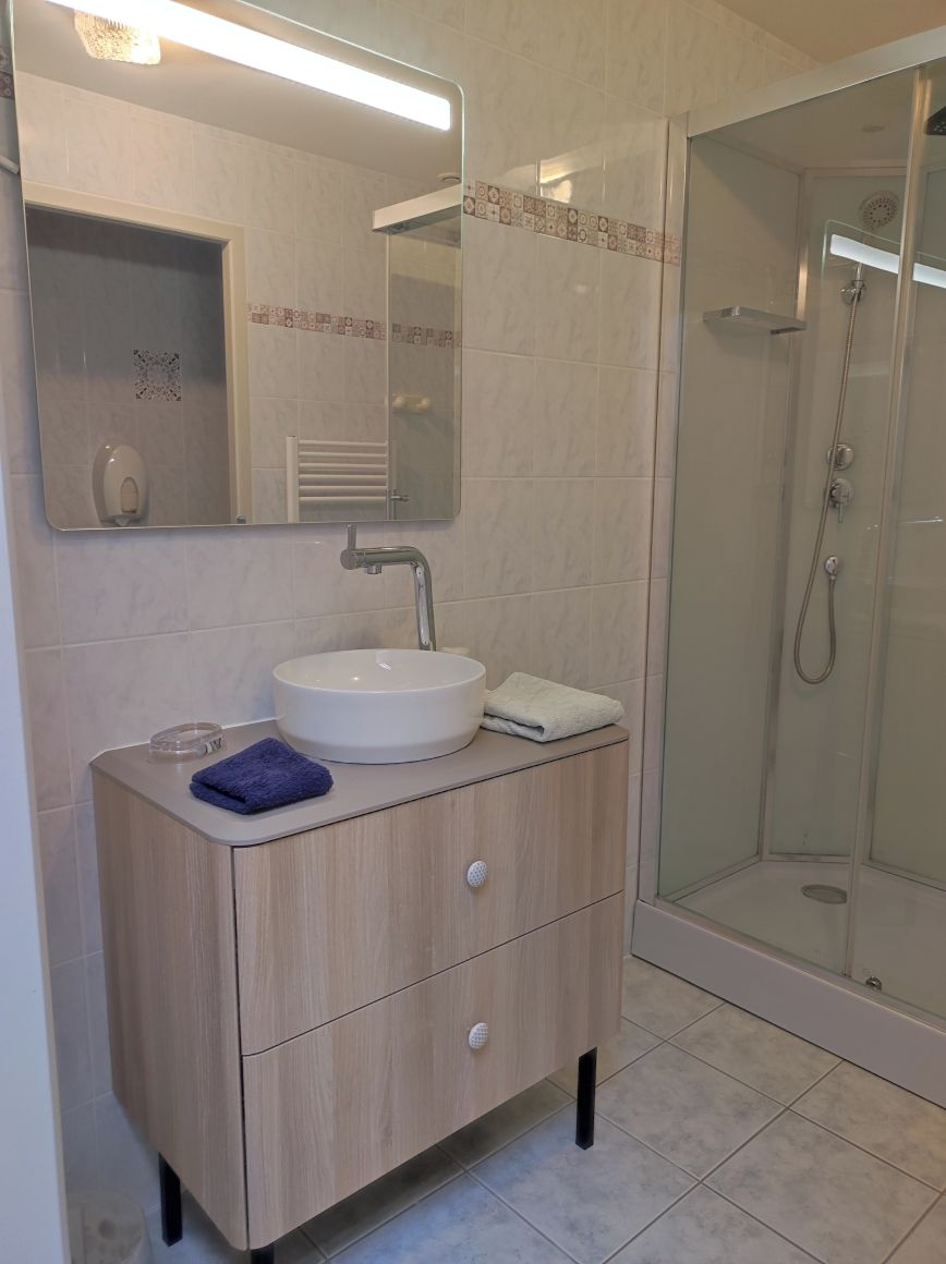 Un baño con lavamanos, espejo y ducha.