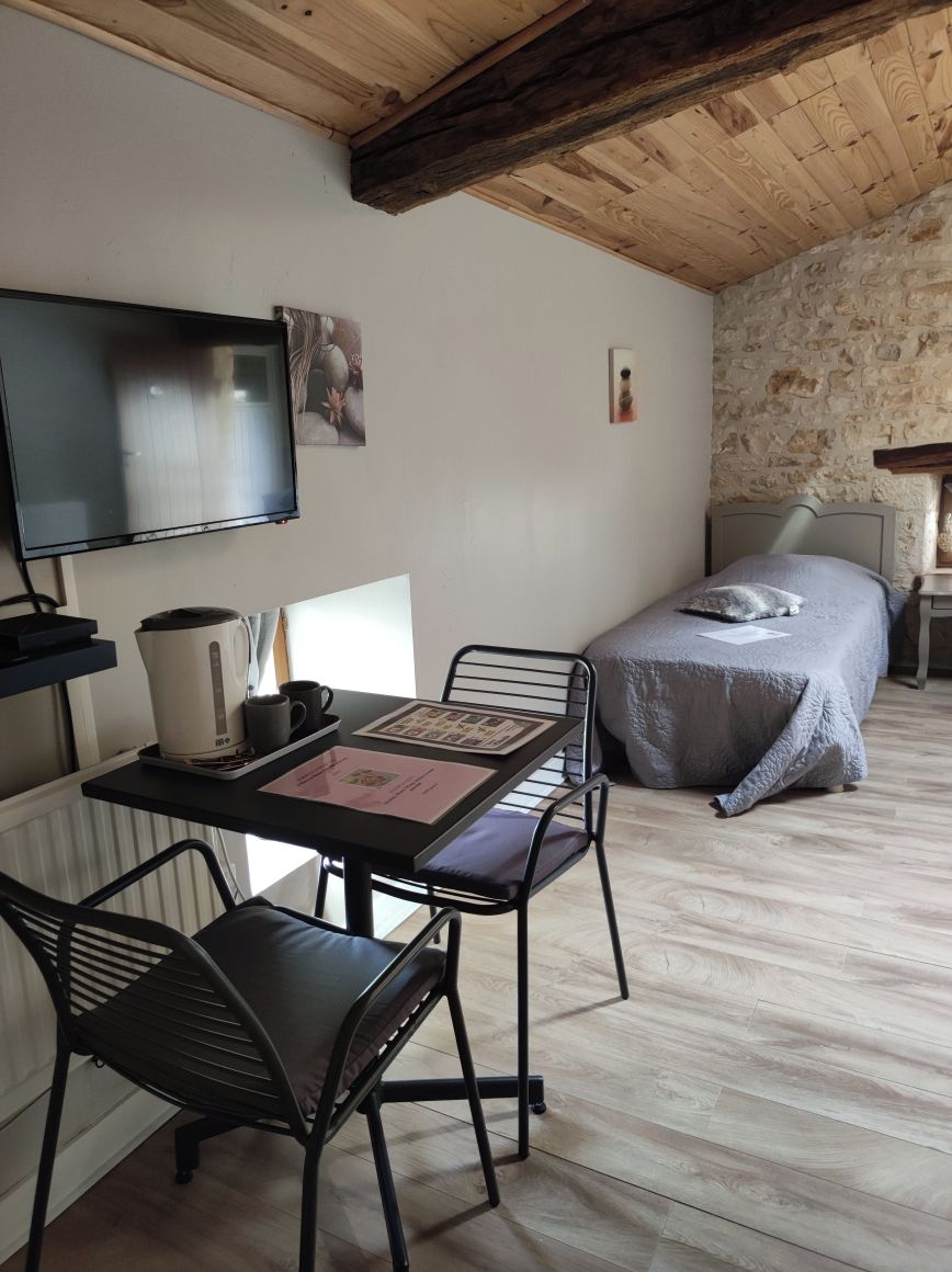 A cozy room with a bed, a table with chairs, a television, and a kettle.
