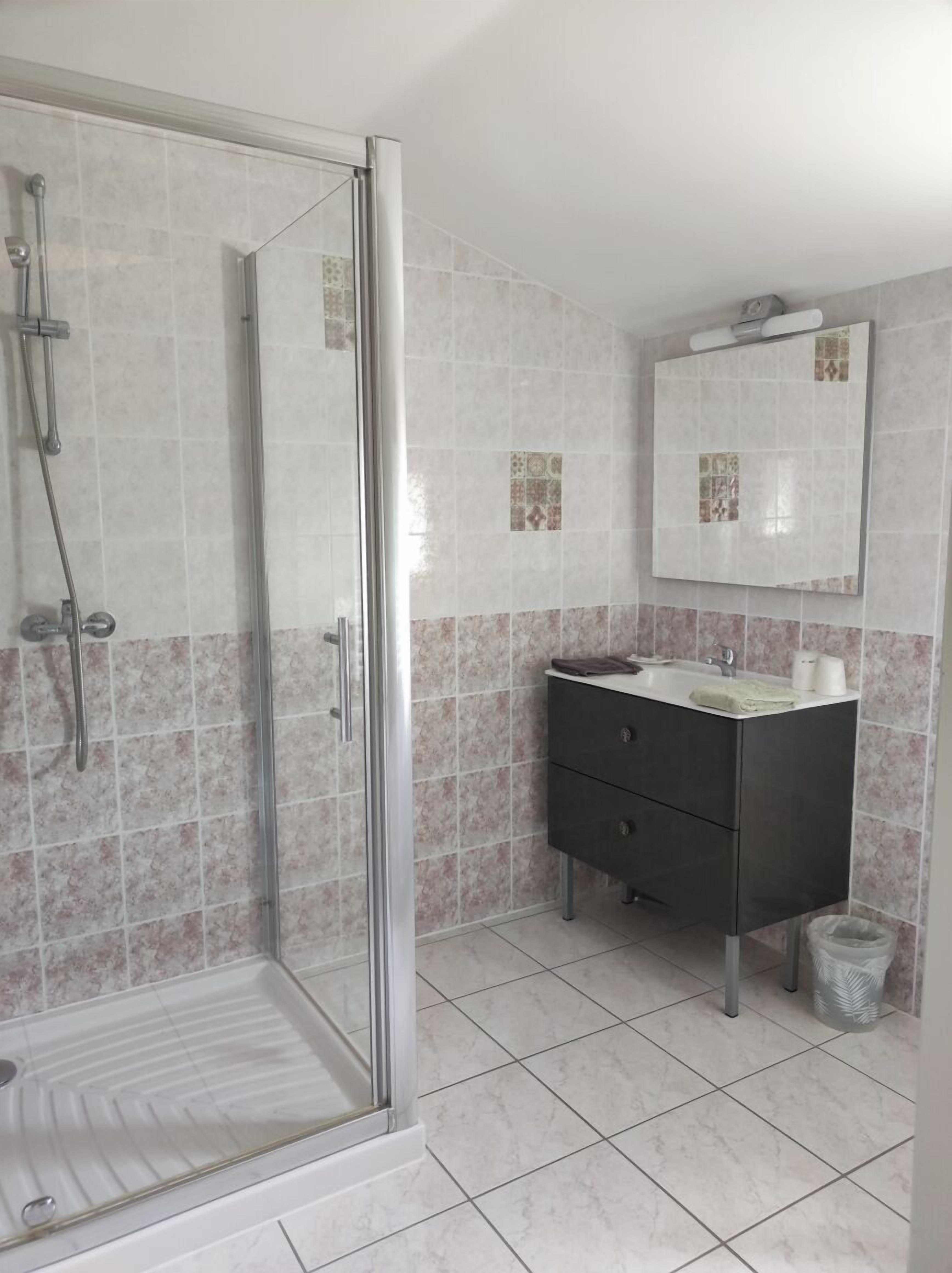 Une salle de bain avec une douche à parois de verre, un lavabo avec un miroir et des murs carrelés.