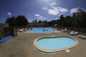 Outdoor pool, pool umbrellas, pool loungers