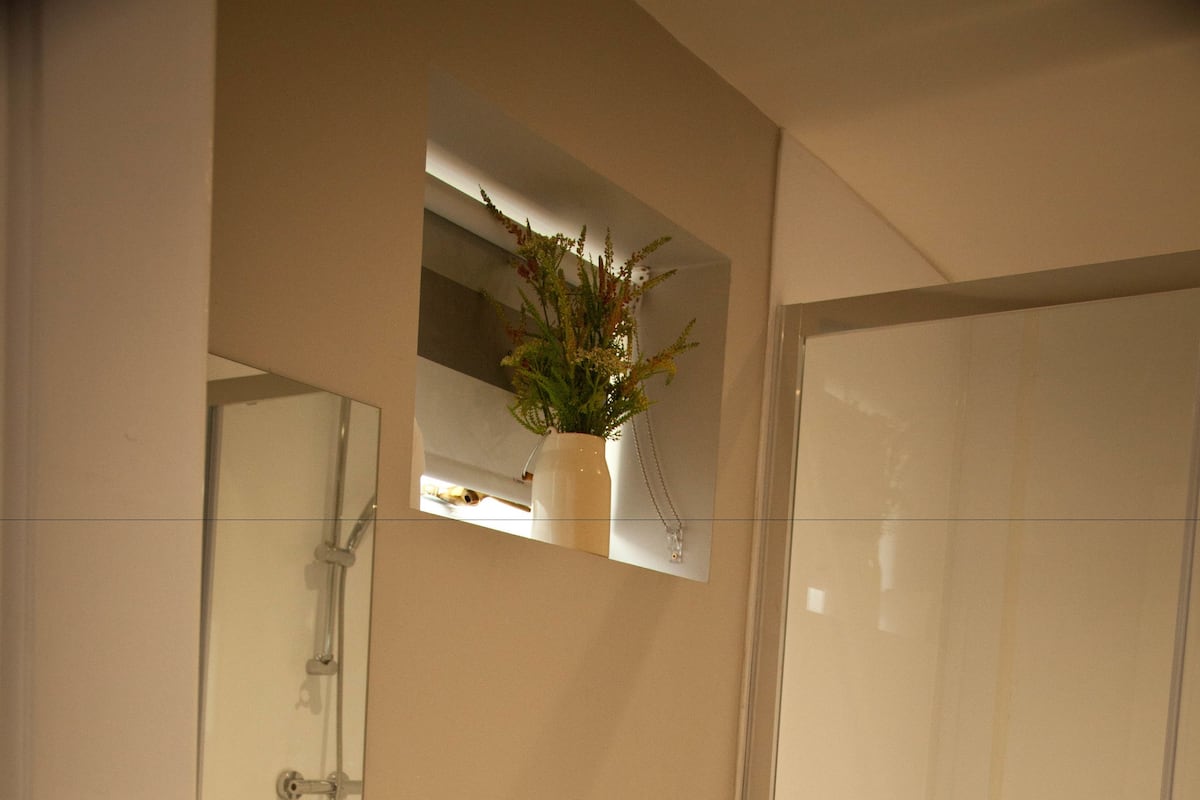 combined shower/bathtub, free toiletries, towels