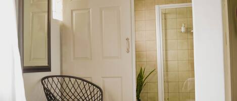 Un baño con ducha, una planta en maceta y una silla.