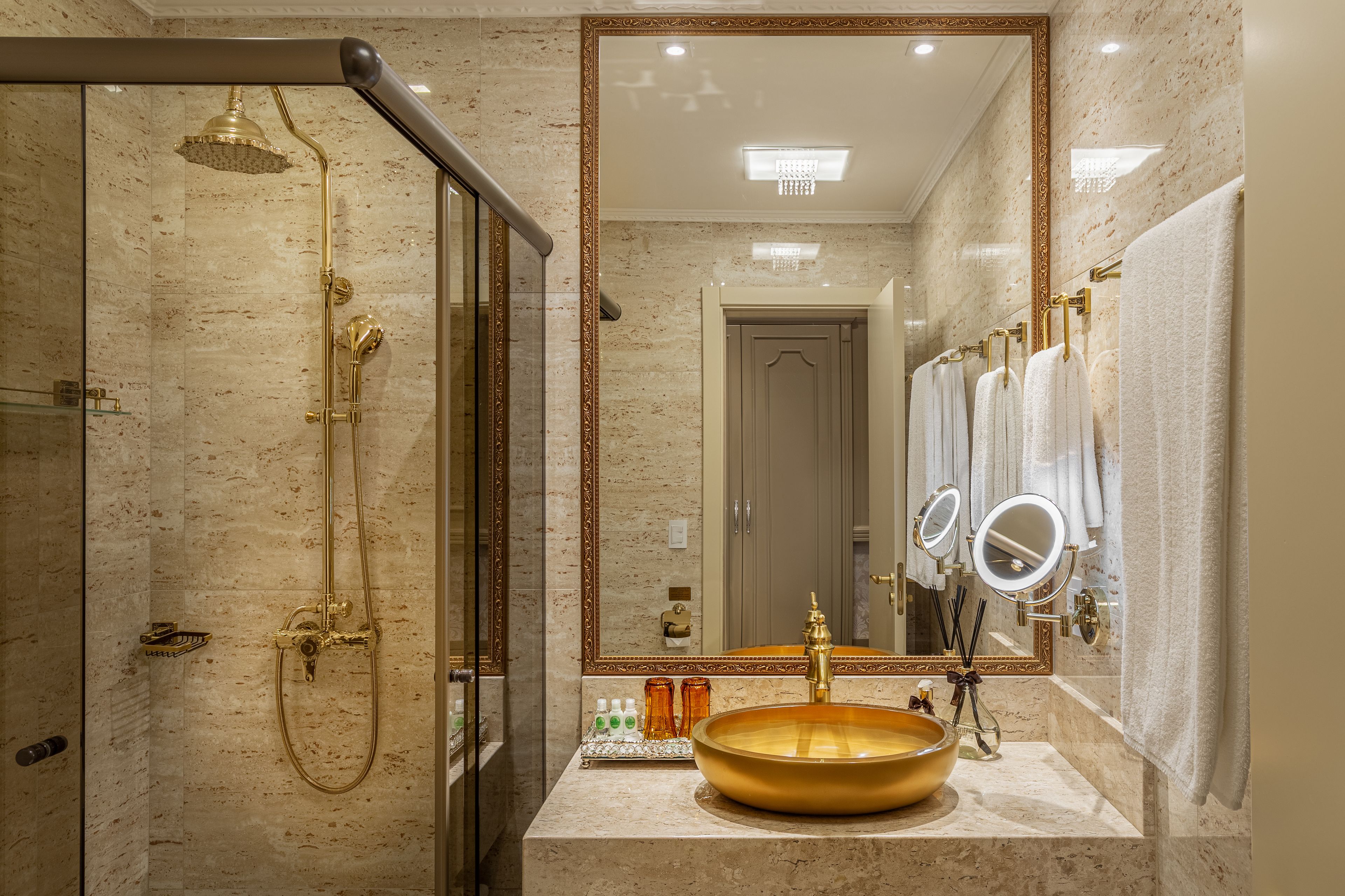 shower, designer toiletries, hair dryer, bathrobes