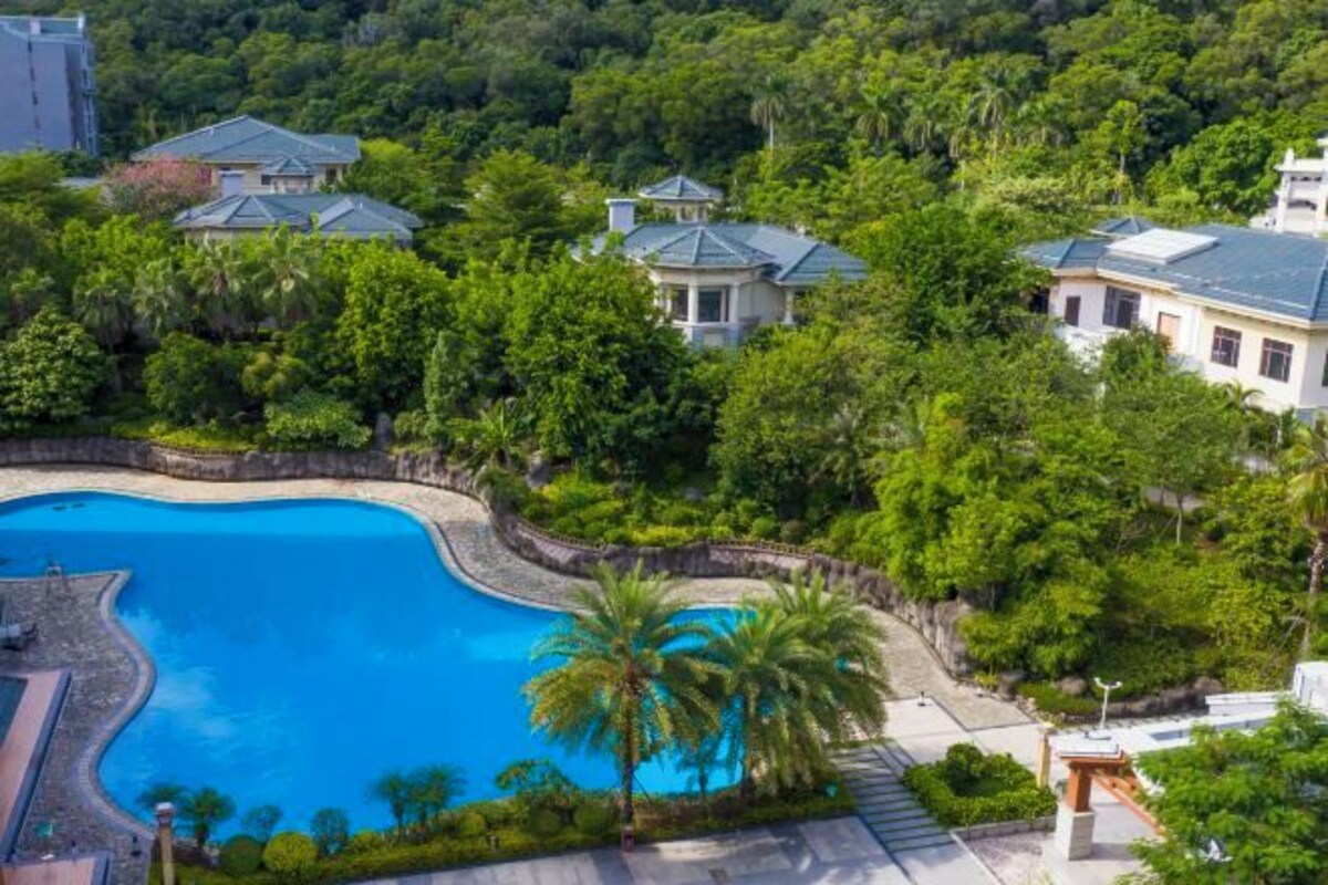 Un quartier résidentiel doté d’une grande piscine, entourée d’une végétation luxuriante et de nombreuses maisons.