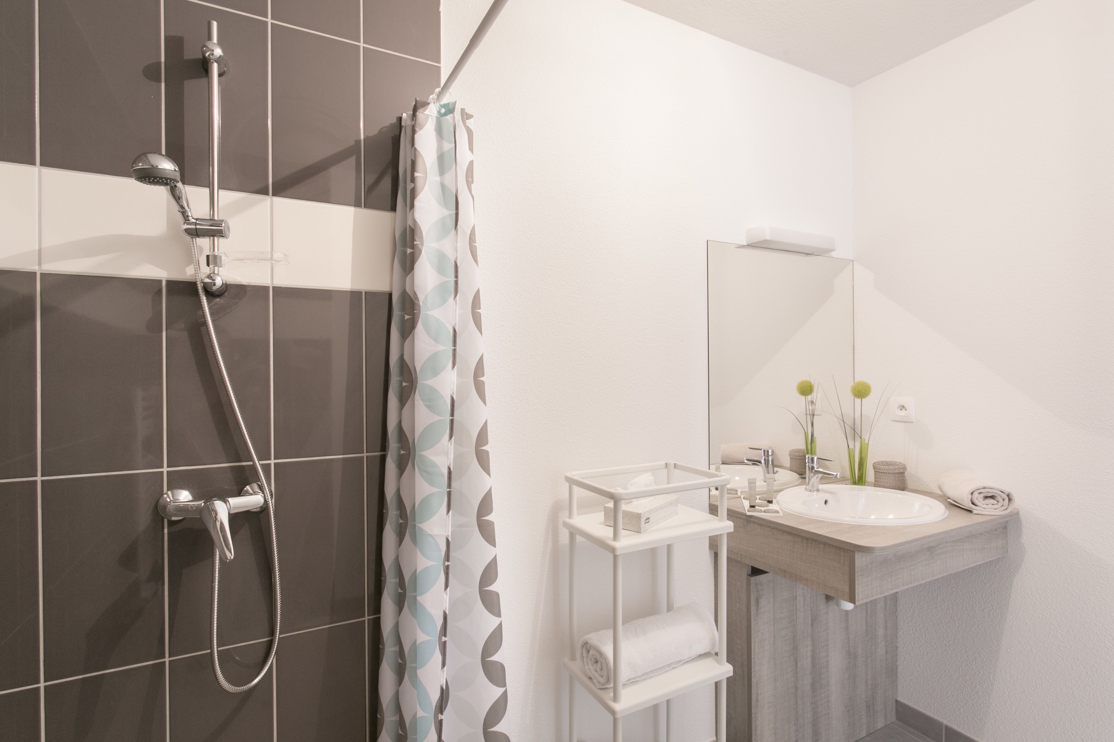 Een moderne badkamer met een douche, wastafel en spiegel.