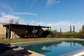 Seasonal outdoor pool, pool loungers