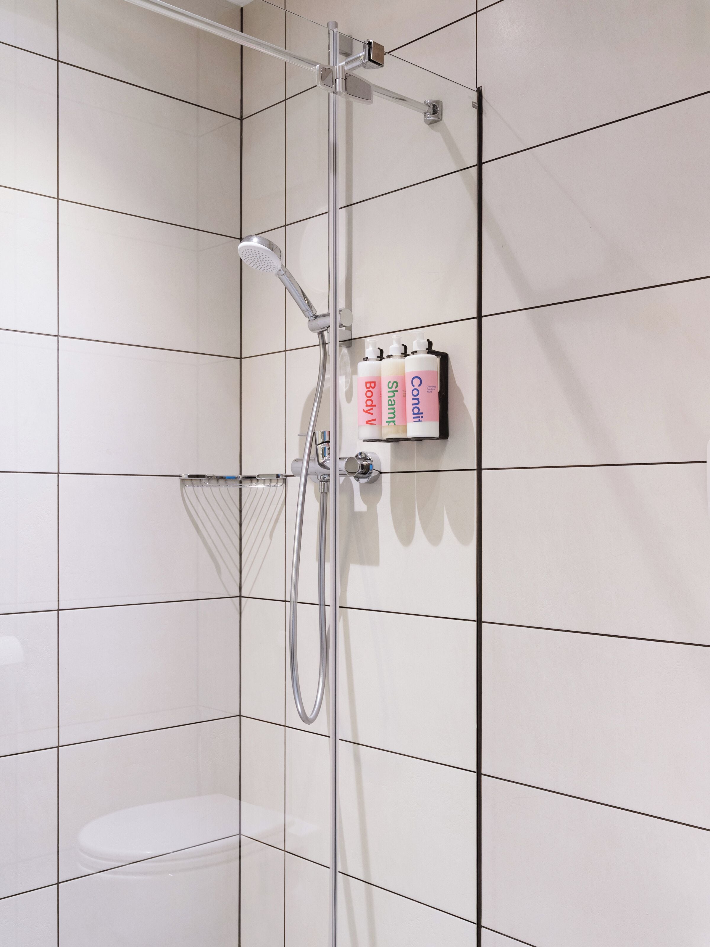 Eine Dusche mit Handbrause und einer fest installierten Bedienkonsole.