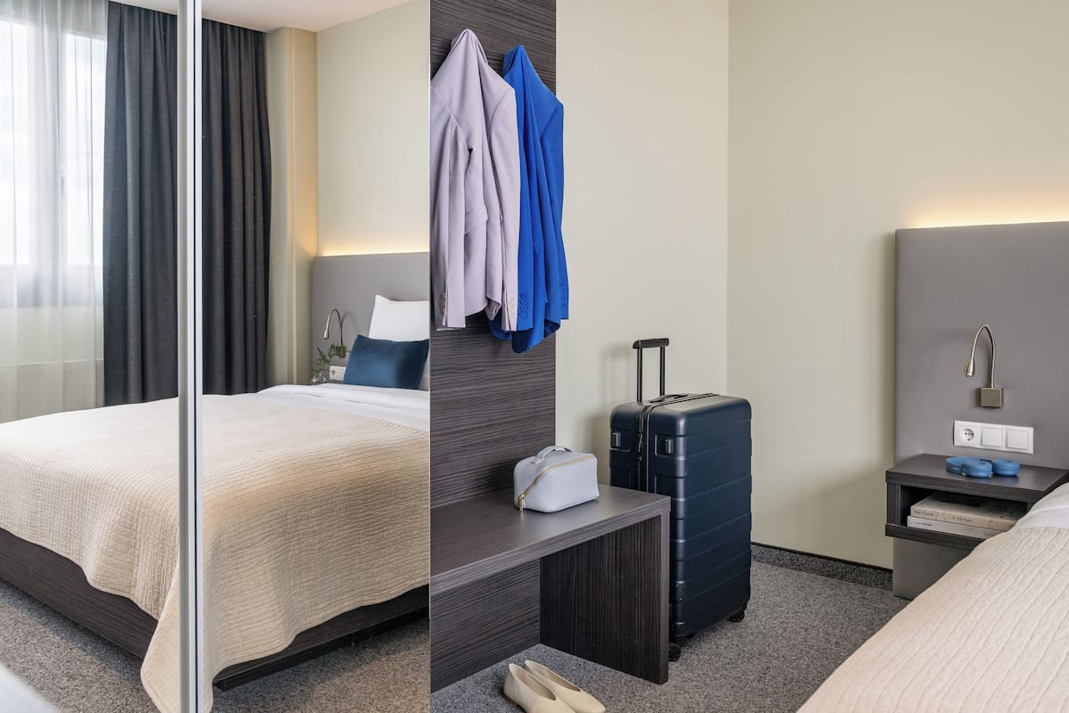 Quarto casal standard | 1 quarto, roupas de cama premium, cofres nos quartos, escrivaninha