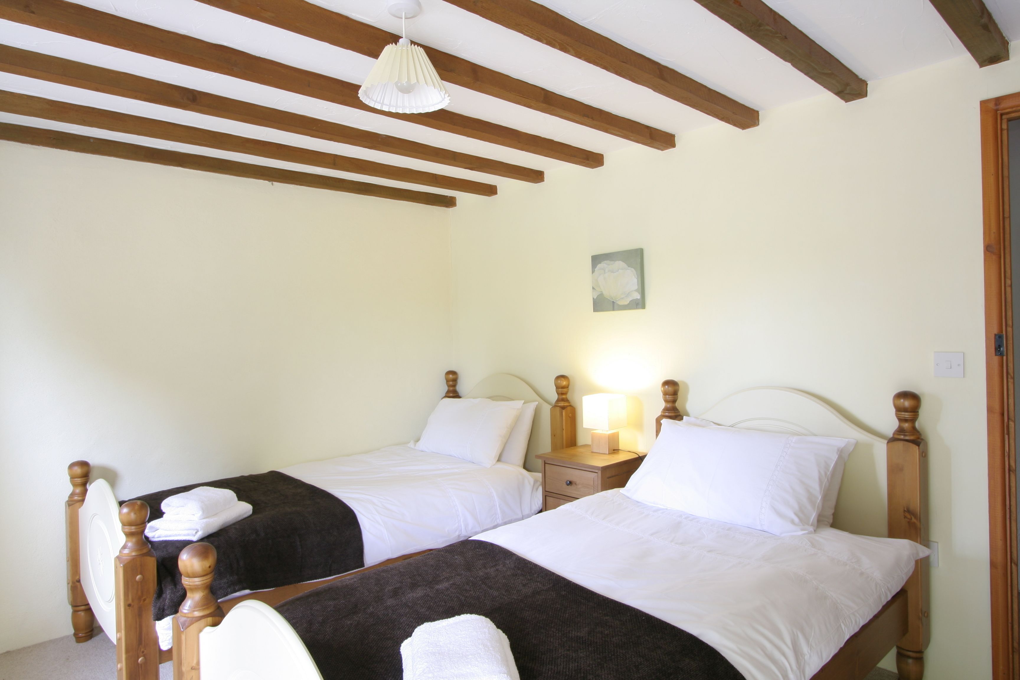 A room with two wooden beds, each with a nightstand and a lamp.