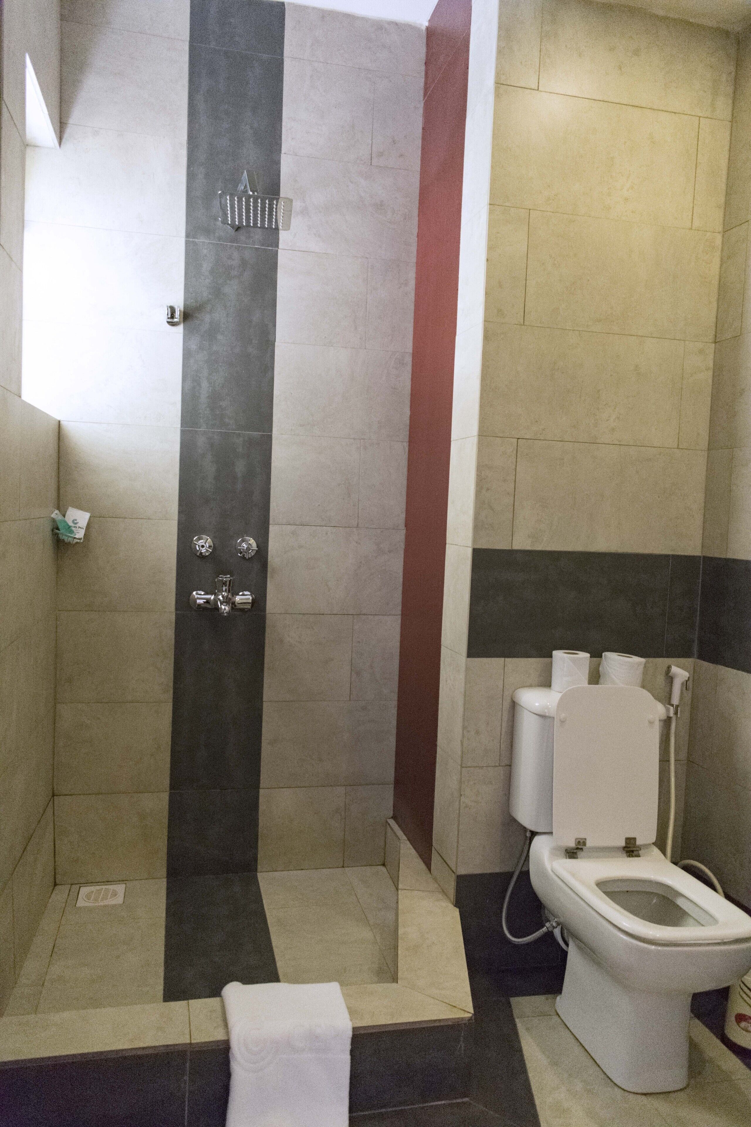 Un baño con ducha, inodoro y perchero para toallas.