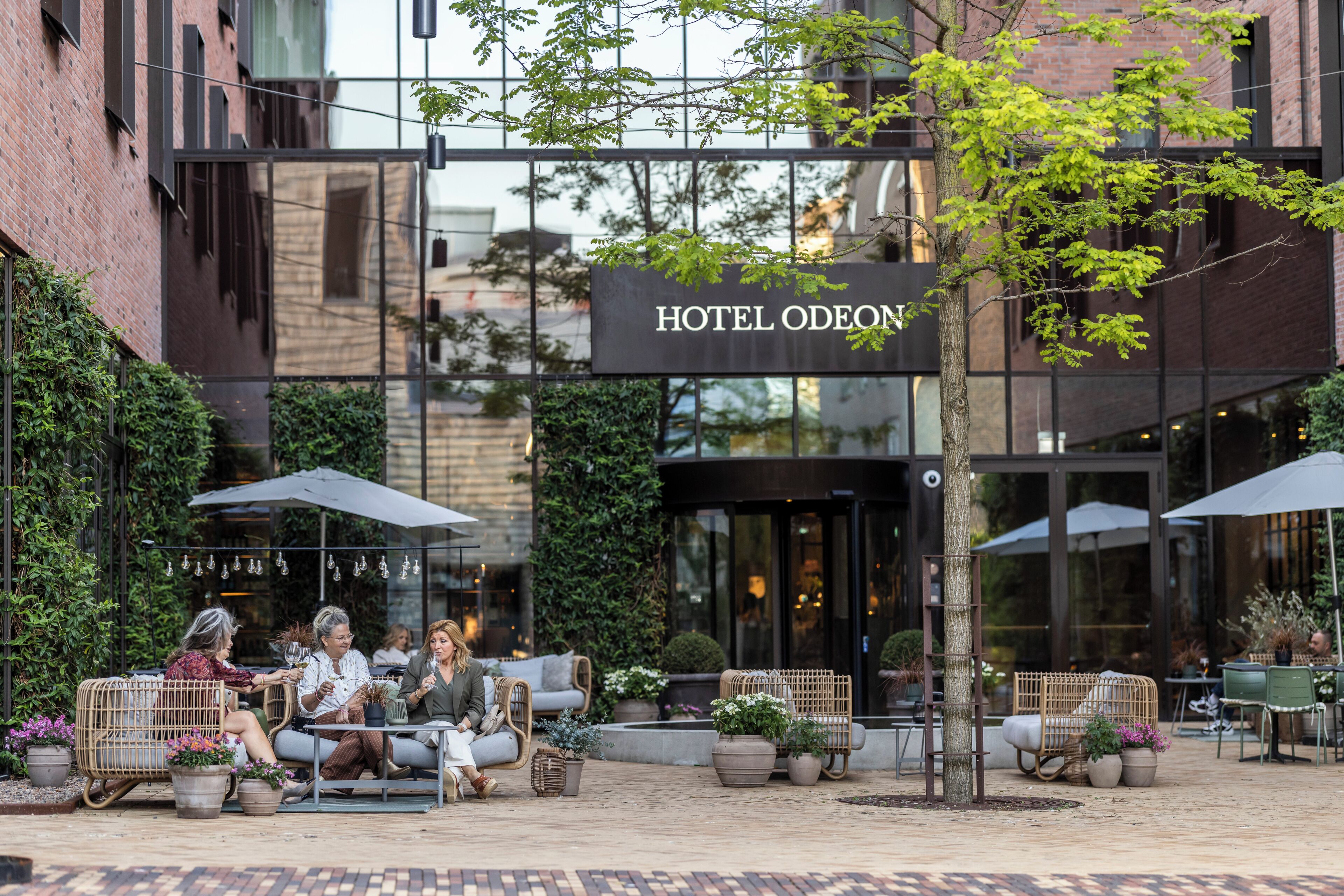 En udendørs siddeplads med fletmøbler og potteplanter ved Hotel Odeon.