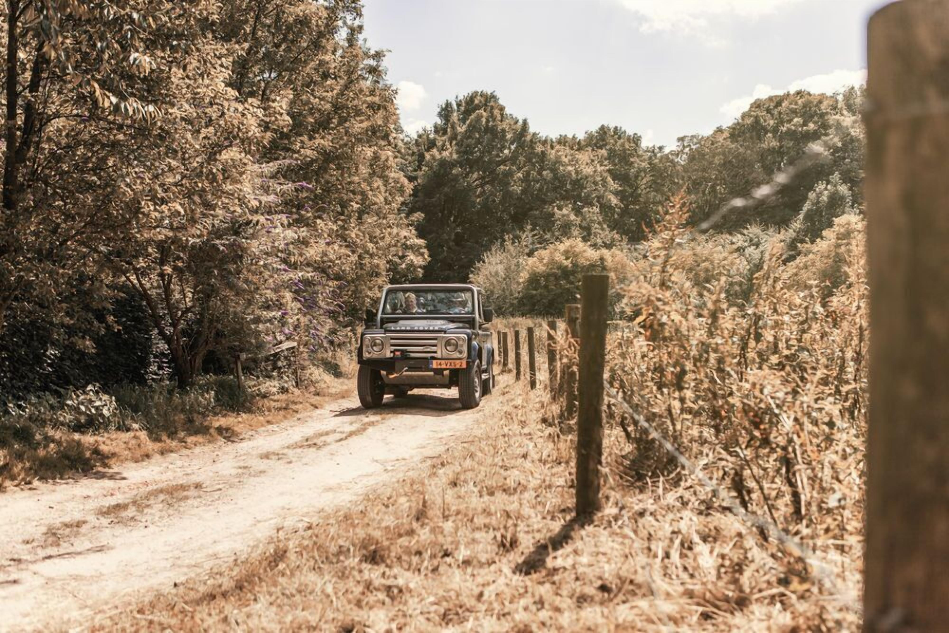 A vehicle on a dirt road surrounded by dry vegetation and trees.