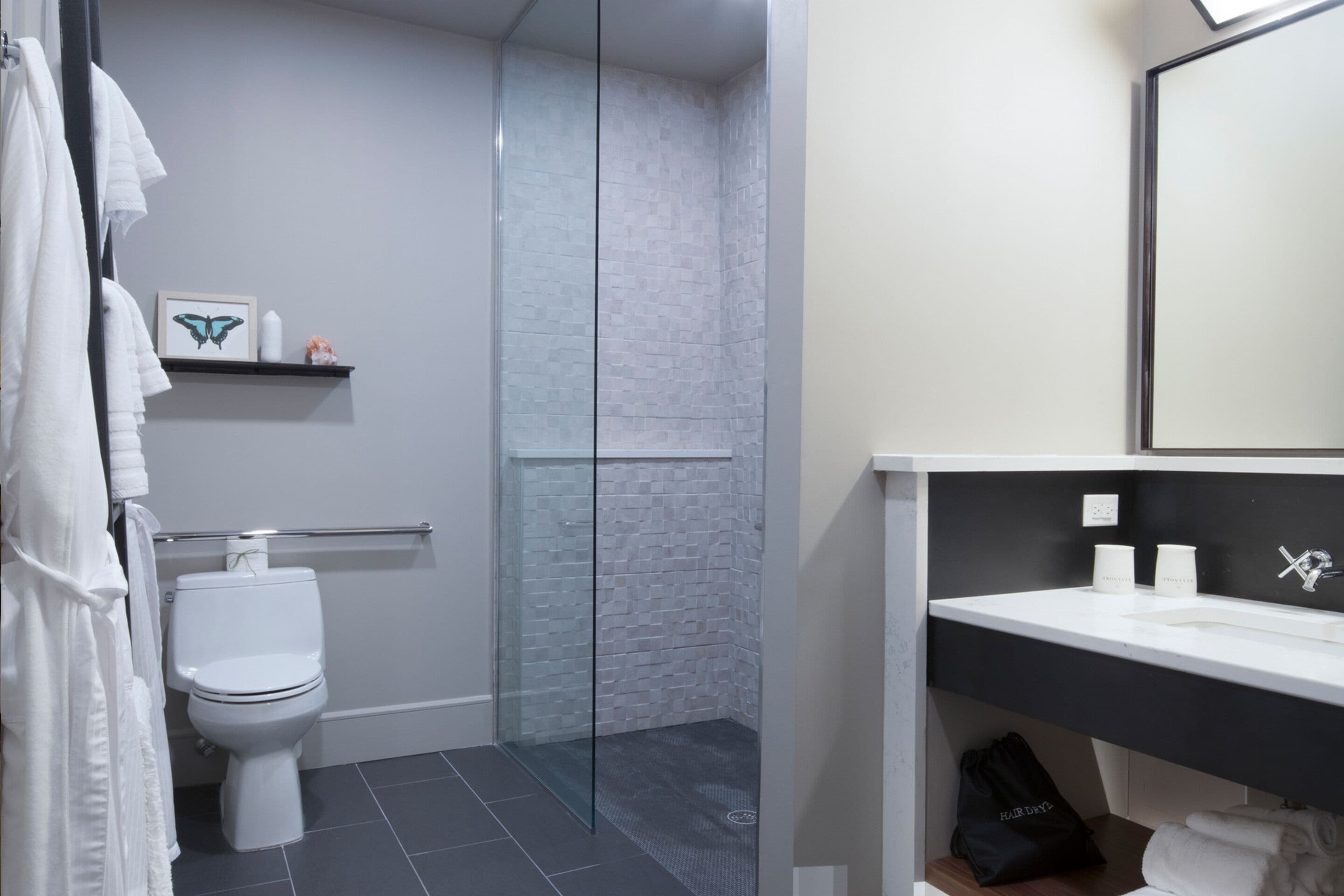 shower, rainfall showerhead, free toiletries, hair dryer