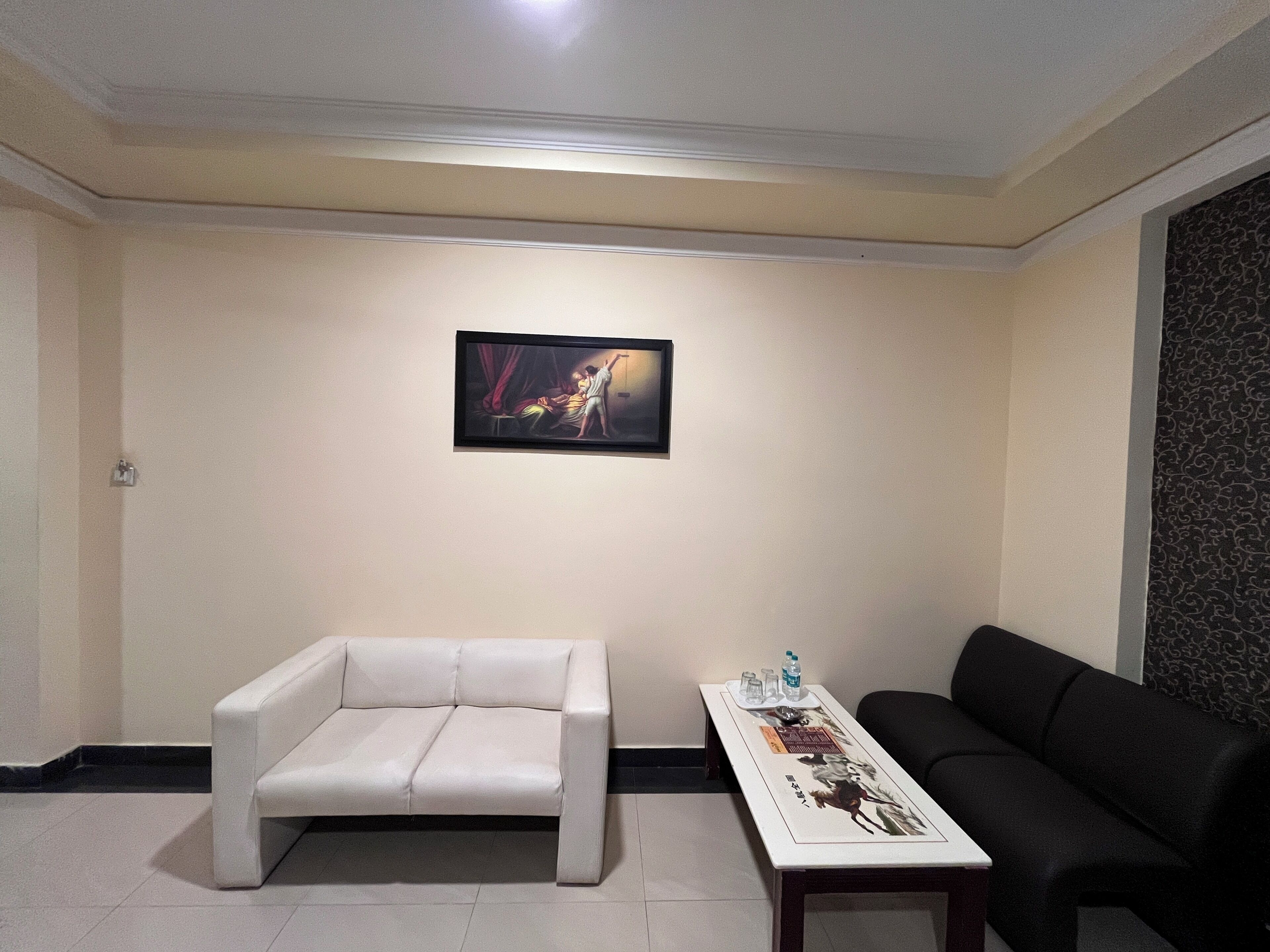 A room with a white sofa, a black sofa, a table with a decorative item, and a framed picture on the wall.
