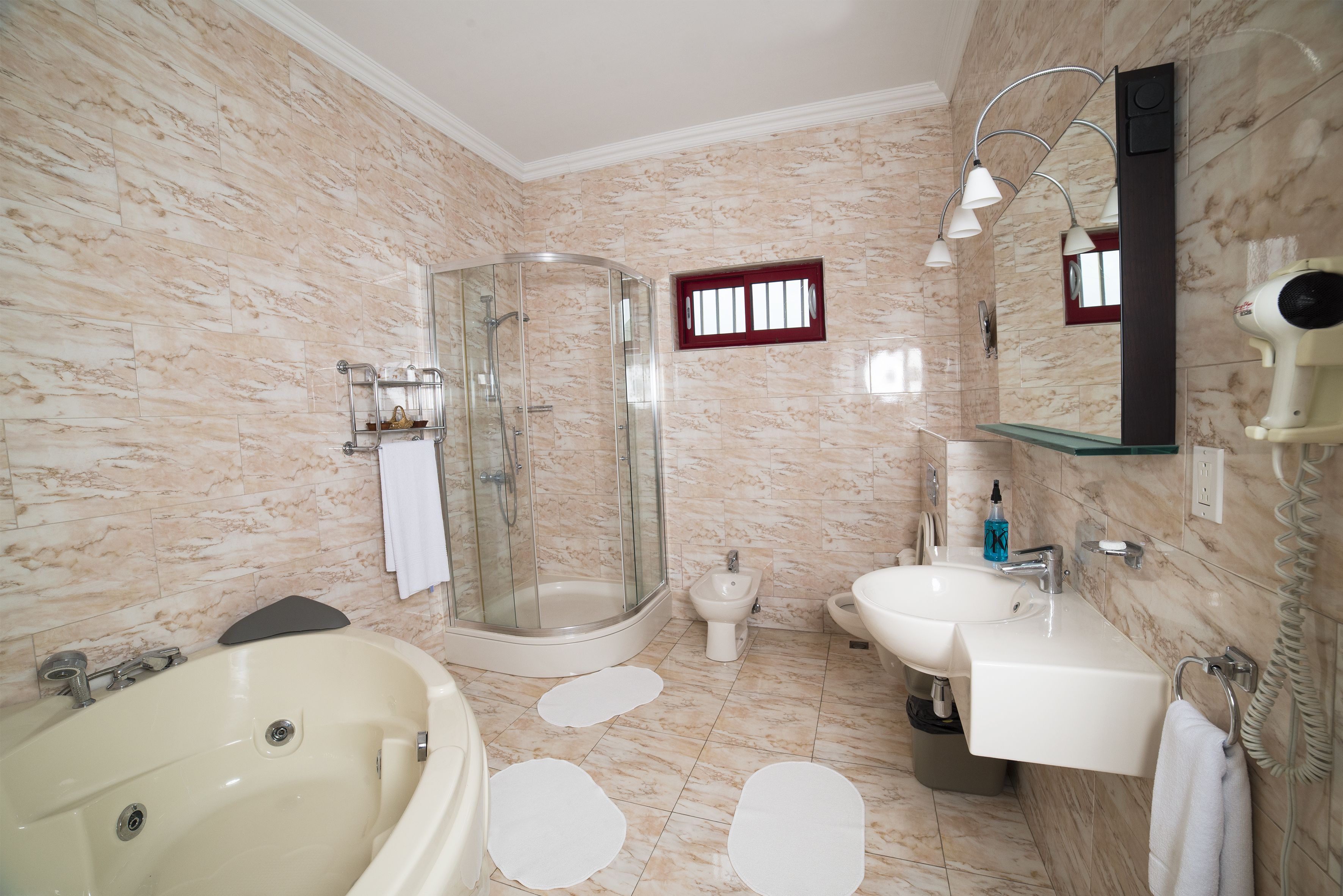 Combined shower/tub, free toiletries, hair dryer, towels