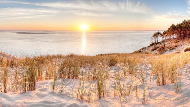 A coastal landscape with sand dunes and sparse vegetation, featuring a sunset over the water.