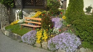 Un jardin avec un banc en bois, entouré de fleurs aux couleurs vives et bordé d’un mur de pierre.