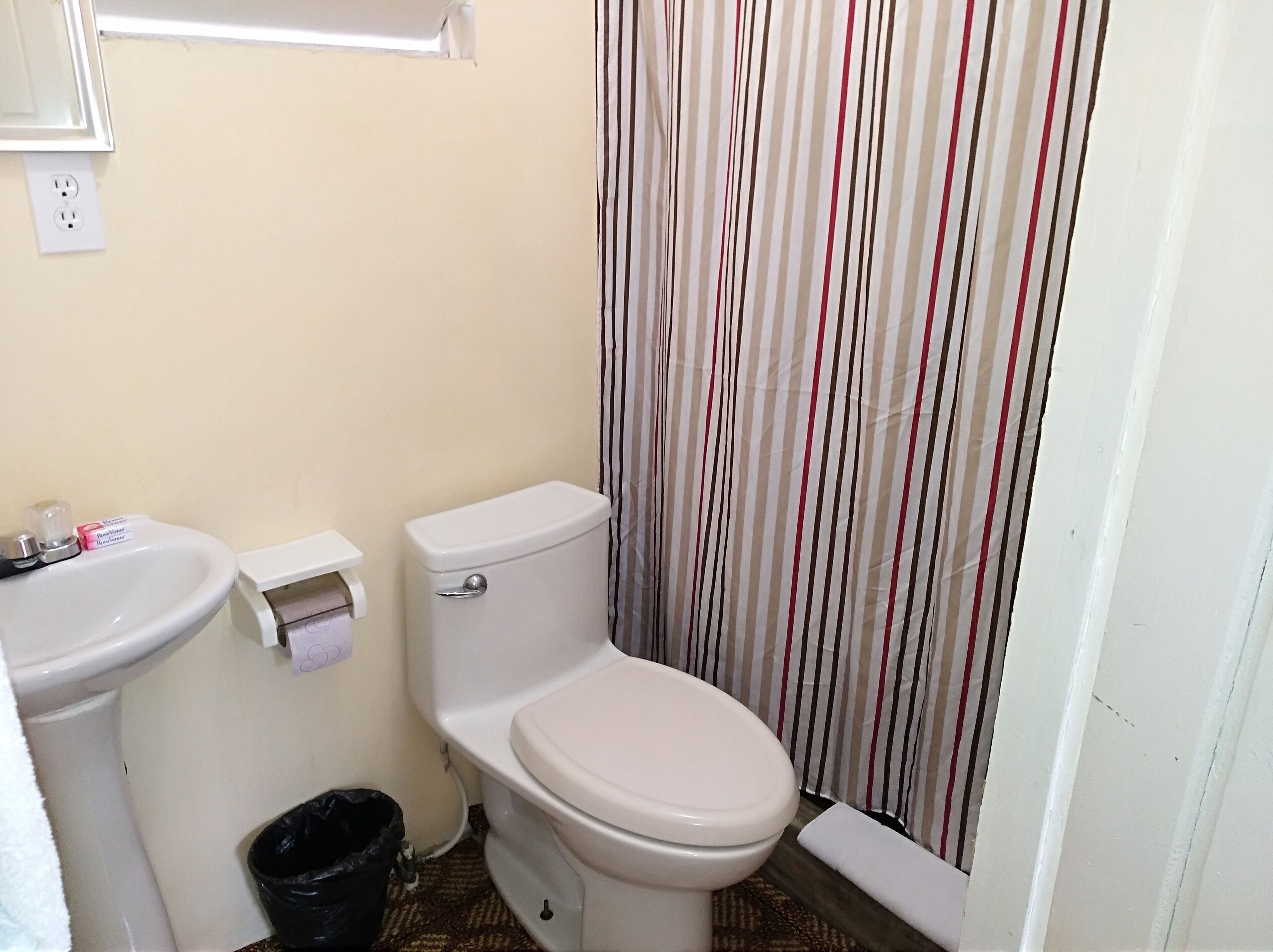 A small bathroom with a toilet, sink, and shower curtain.