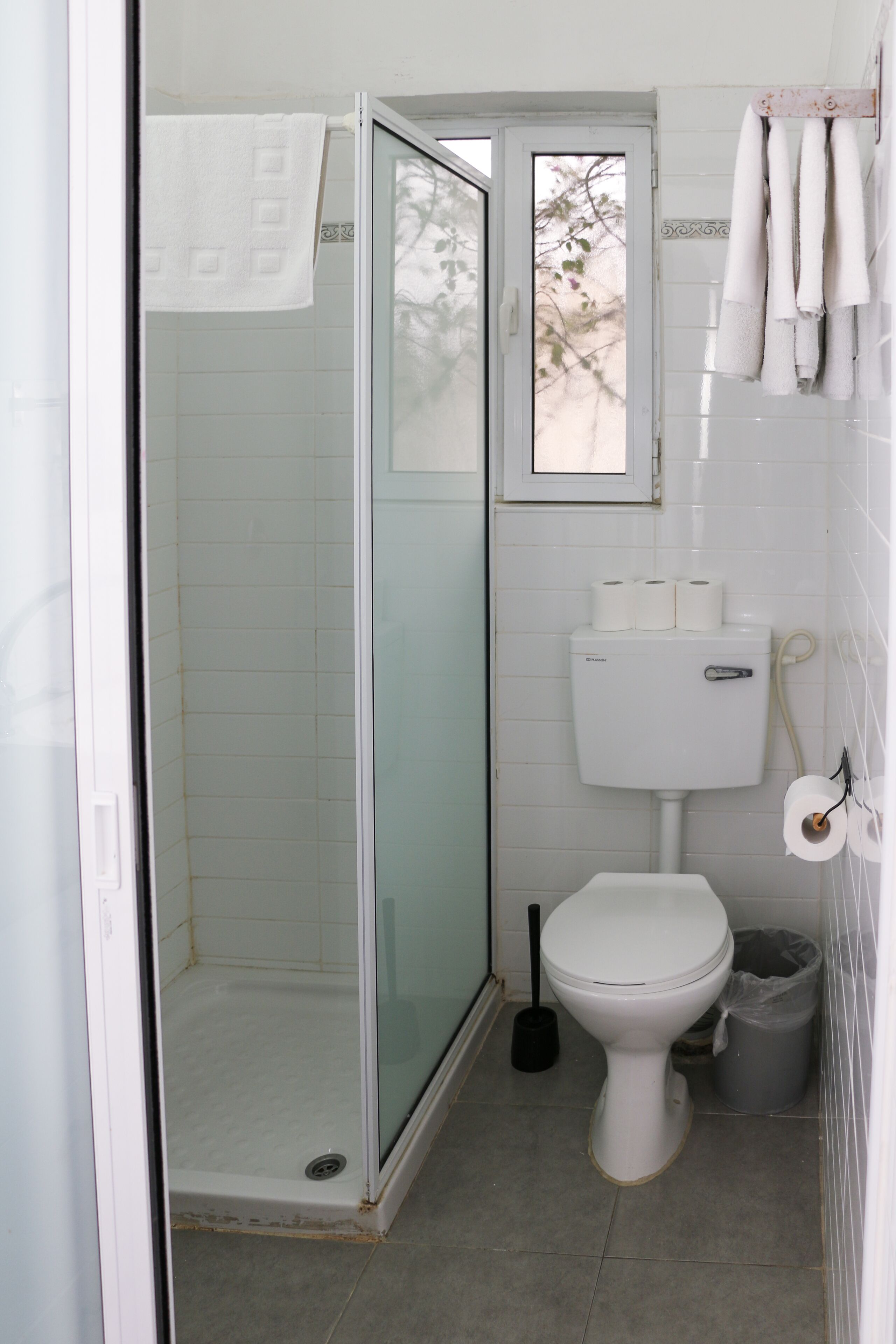 A bathroom with a glass-enclosed shower, a toilet, and a window.