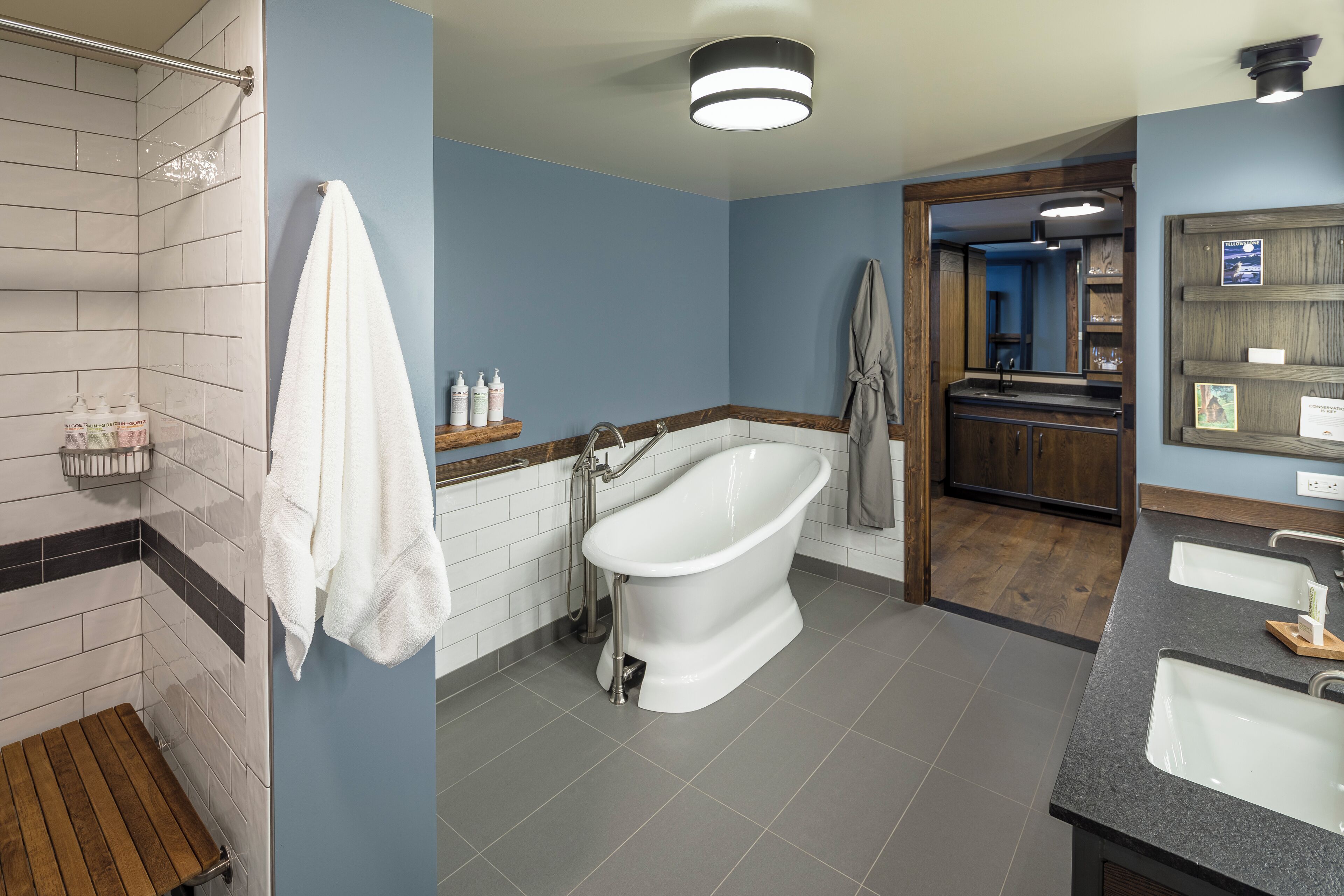 hydromassage showerhead, hair dryer, bathrobes, slippers