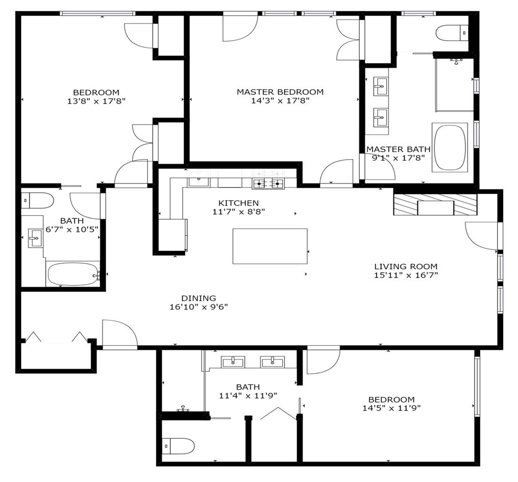 A floor plan with a master bedroom, master bathroom, dining area, kitchen, living room, and two additional bedrooms.