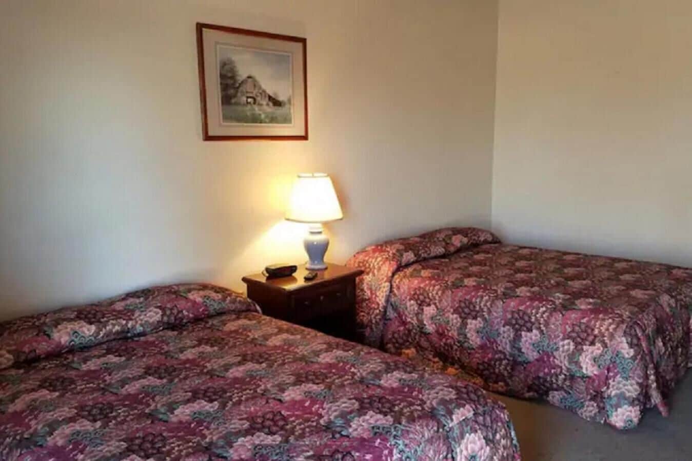 A room with two beds, each with floral-patterned bedding, a nightstand with a lamp, and a framed picture on the wall.
