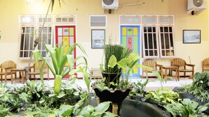 A room with a small indoor garden, wooden chairs, and a water feature.
