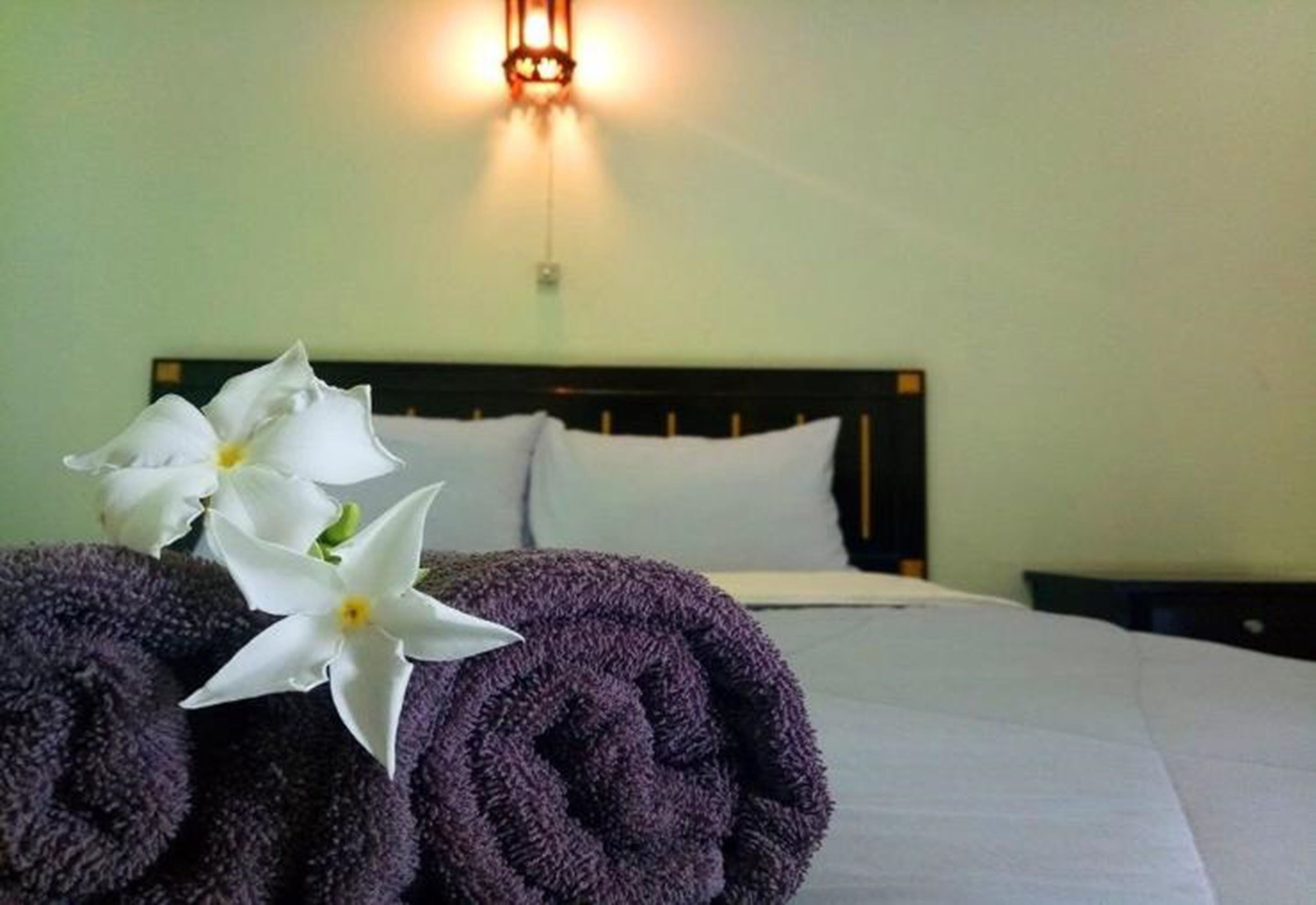 A neatly made bed with white linens, a dark headboard, and a wall-mounted light fixture.