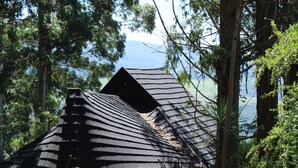 A traditional thatched-roof structure surrounded by lush greenery and trees. - Mount Shekinah Country Hotel (Balgowan)
