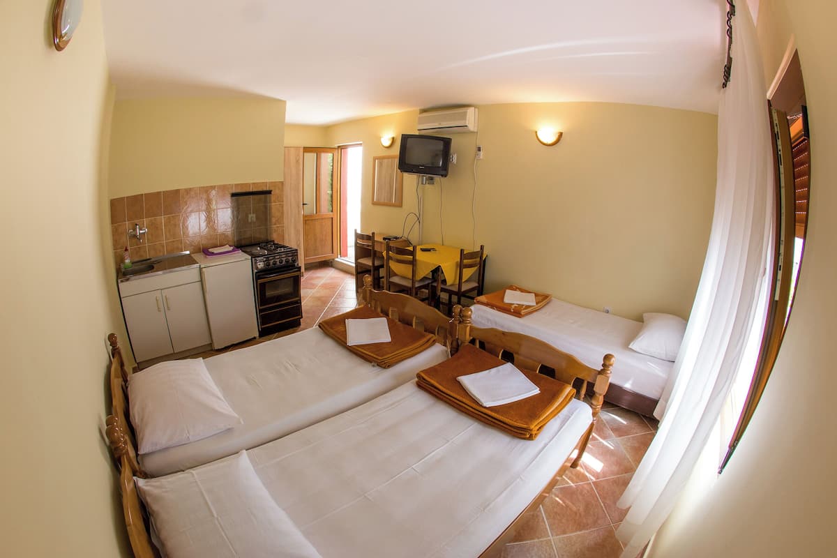 Habitación de hotel con dos camas, un kitchenette, una mesa de comedor y un televisor.
