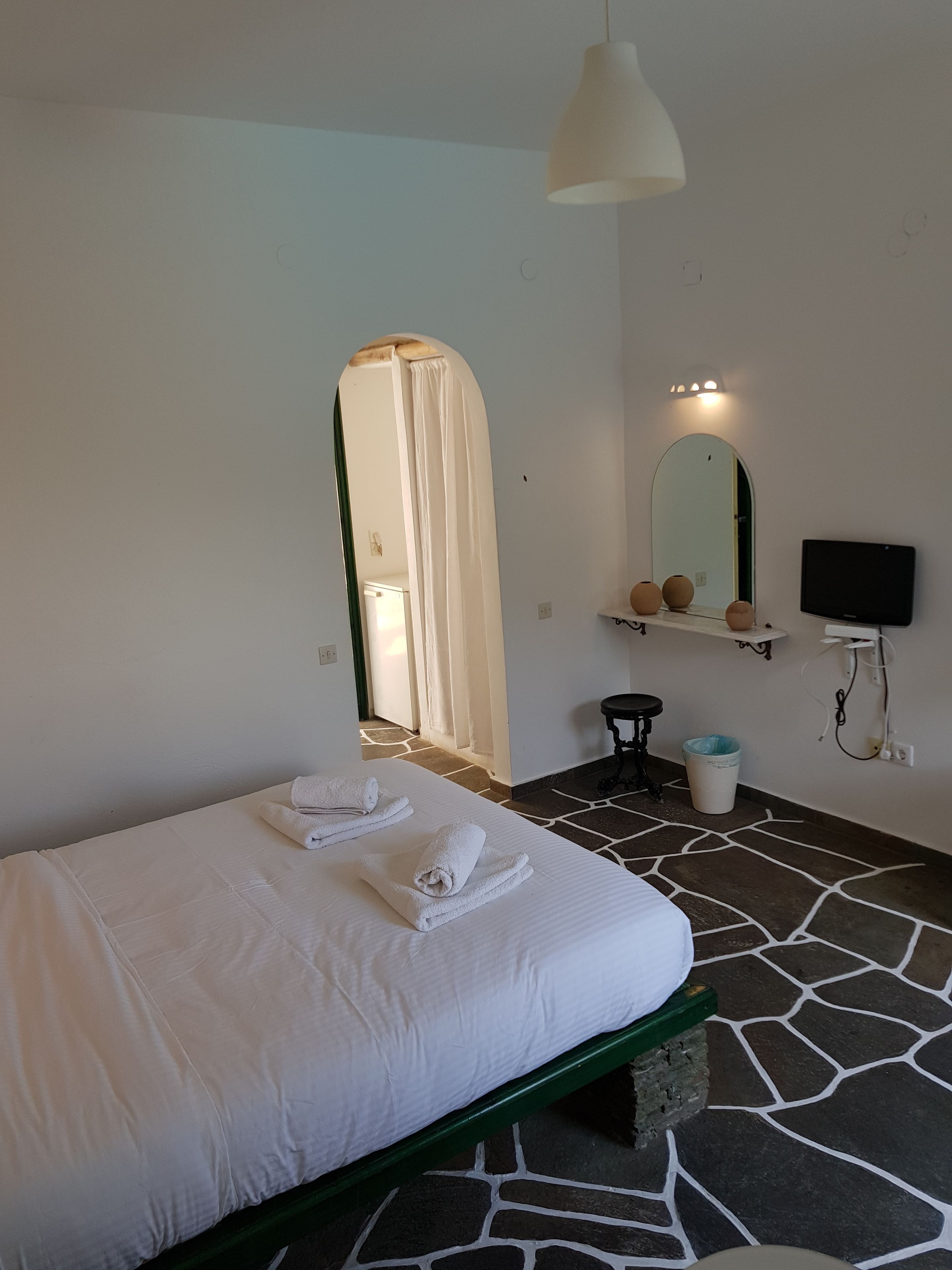 Un dormitorio con cama, espejo, televisor y una mesita de noche con cubo de basura.