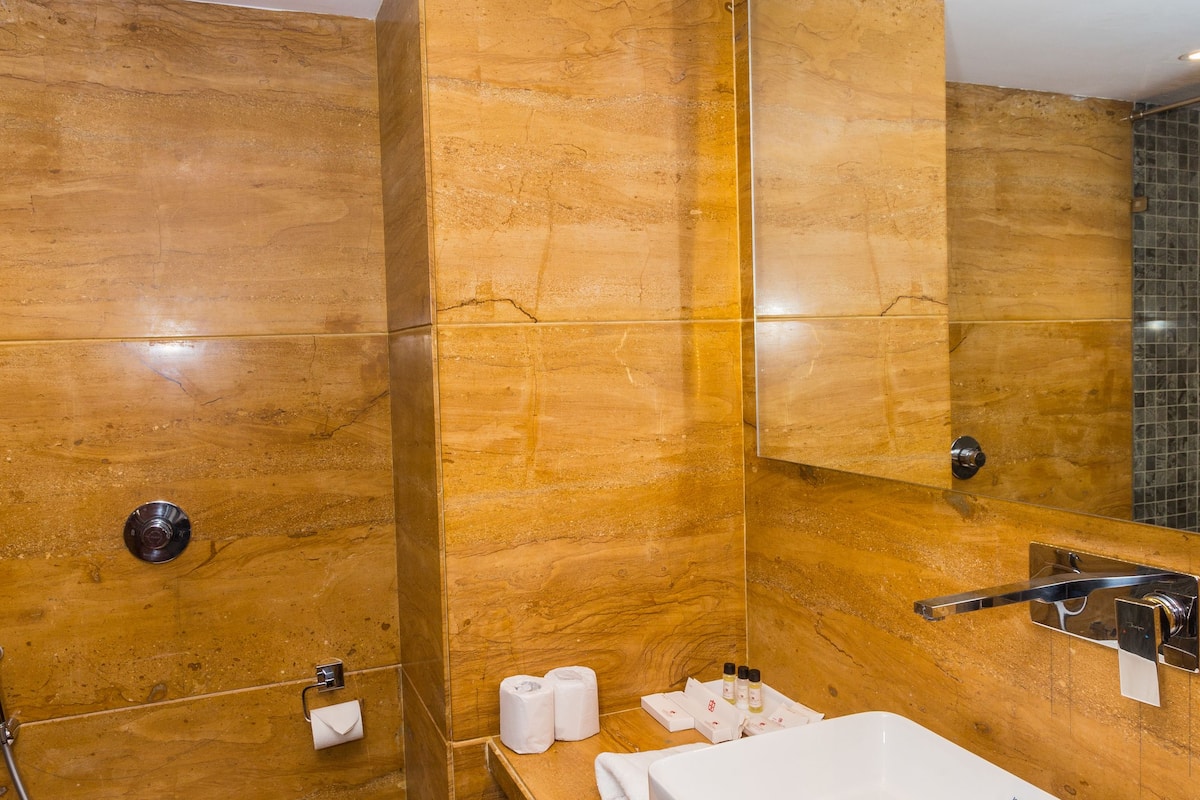 deluxe lake facing room | bathroom | shower, free toiletries, hair dryer, towels