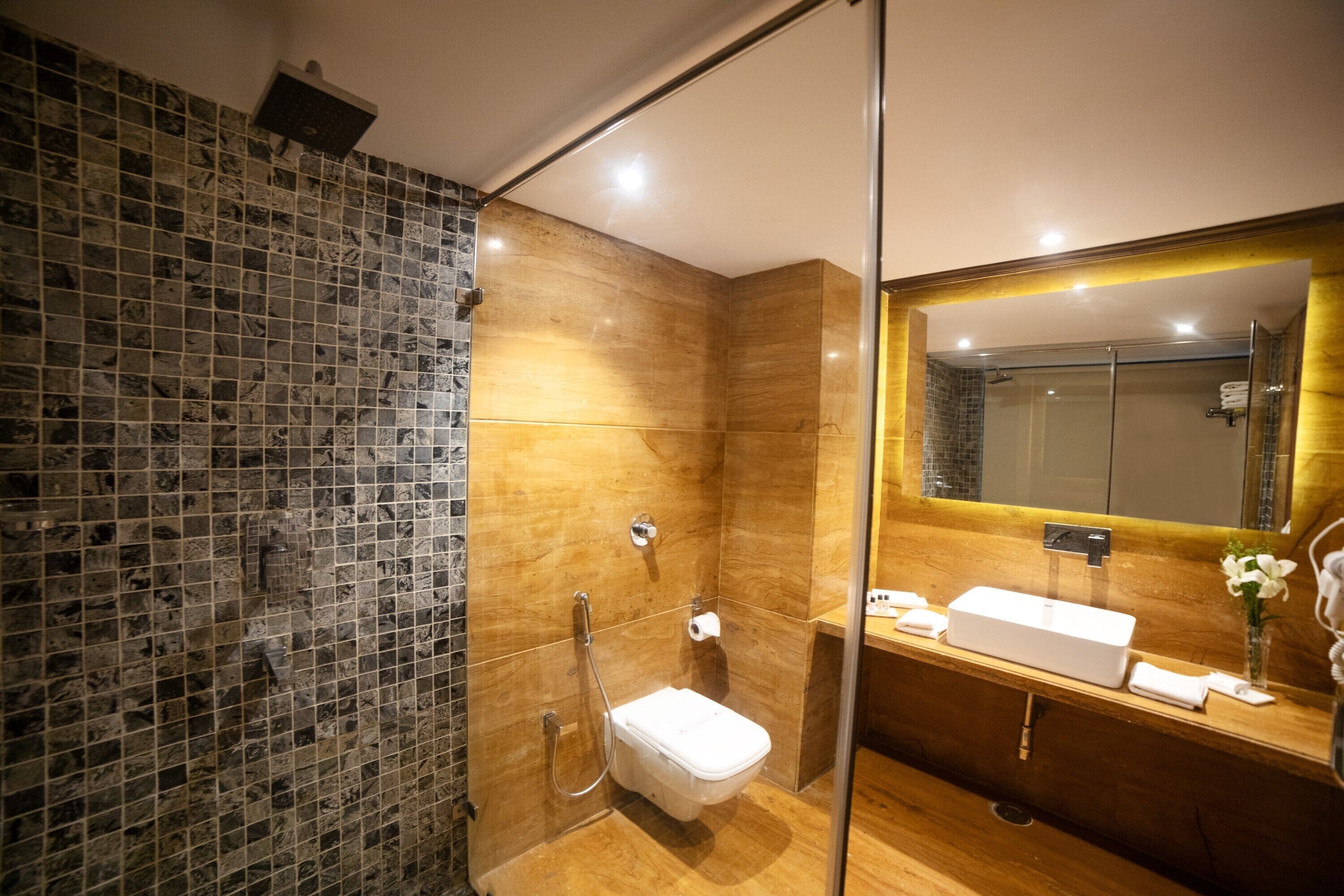 super deluxe lake facing room | bathroom | shower, free toiletries, hair dryer, towels