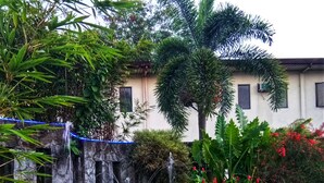 A garden with a waterfall, red flowers, and a stone wall. - Asiatel Hotel, Sta. Rosa, Laguna (Santa Rosa)