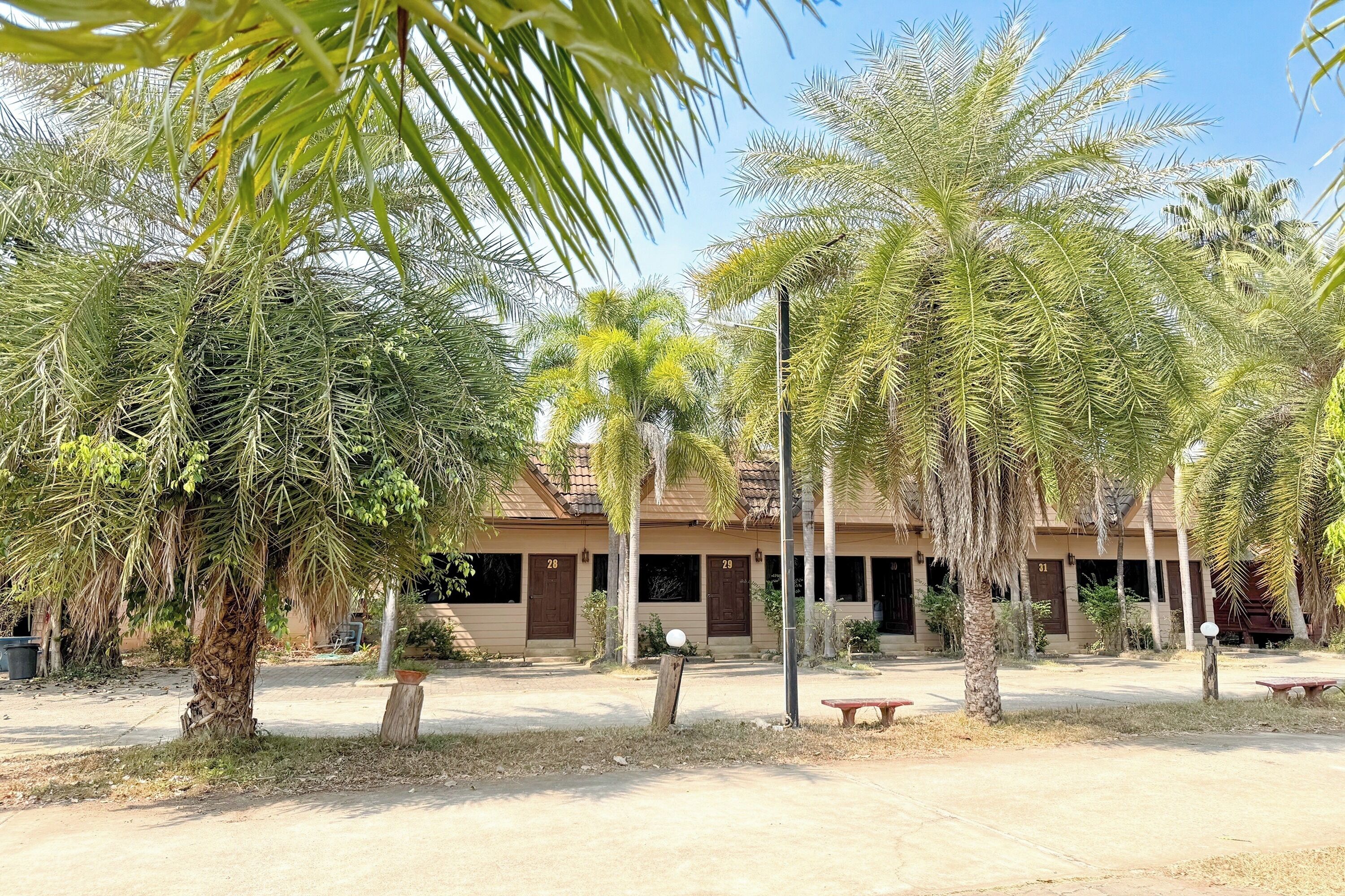 Un hotel con varias habitaciones, palmeras y un cielo despejado.