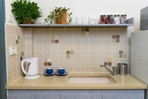 Fridge, microwave, coffee/tea maker, electric kettle