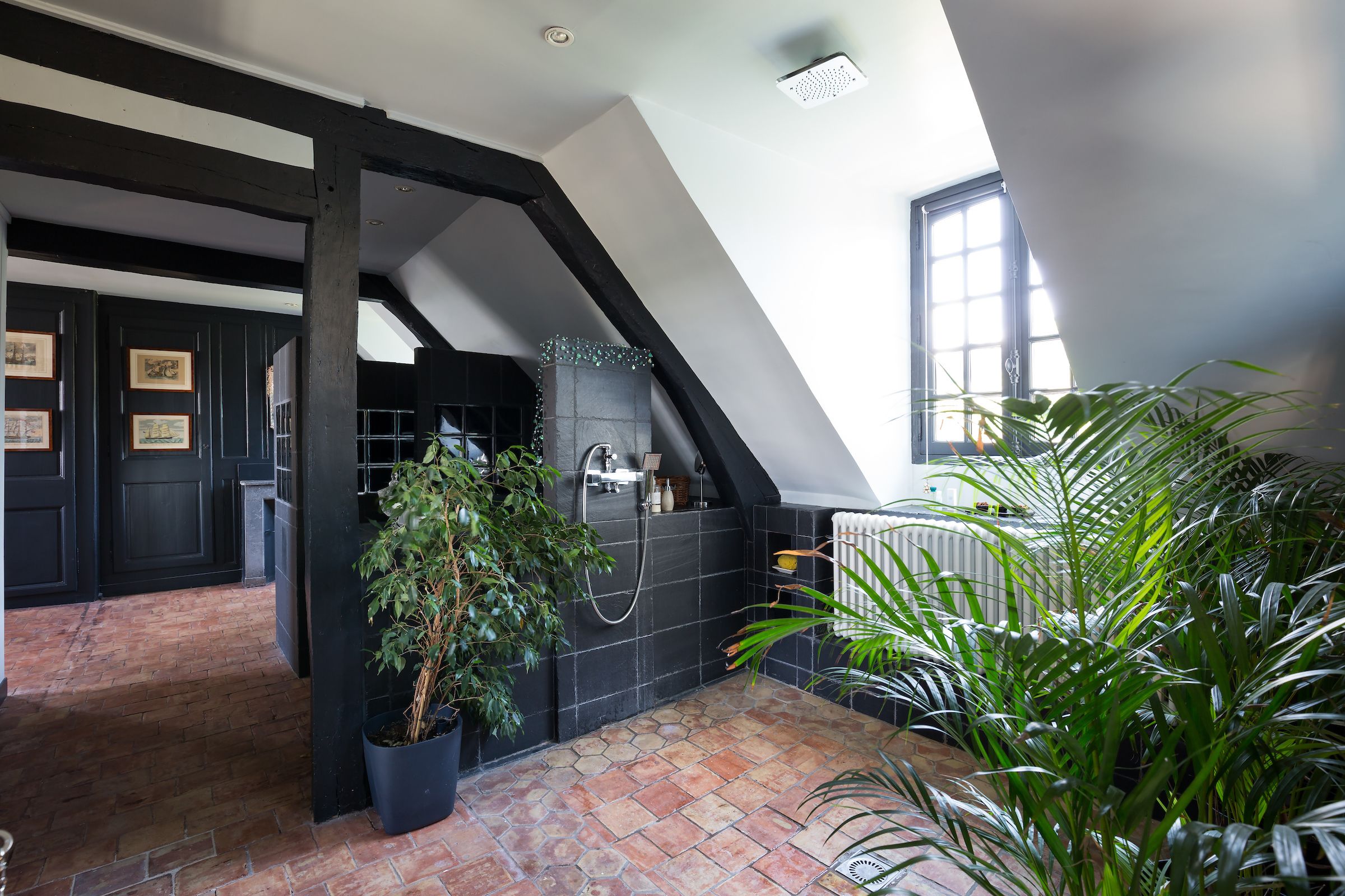 Une pièce avec un plafond en pente, une décoration aux couleurs noir et blanc, un sol carrelé et plusieurs plantes en pot.