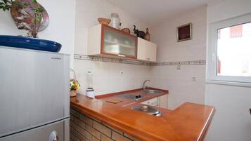 Een praktische keuken met een koelkast, een dubbele spoelbak en een houten aanrecht.