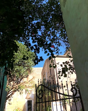 A narrow alleyway with a wrought iron gate, a building with a stone facade, and a clear blue sky above.
