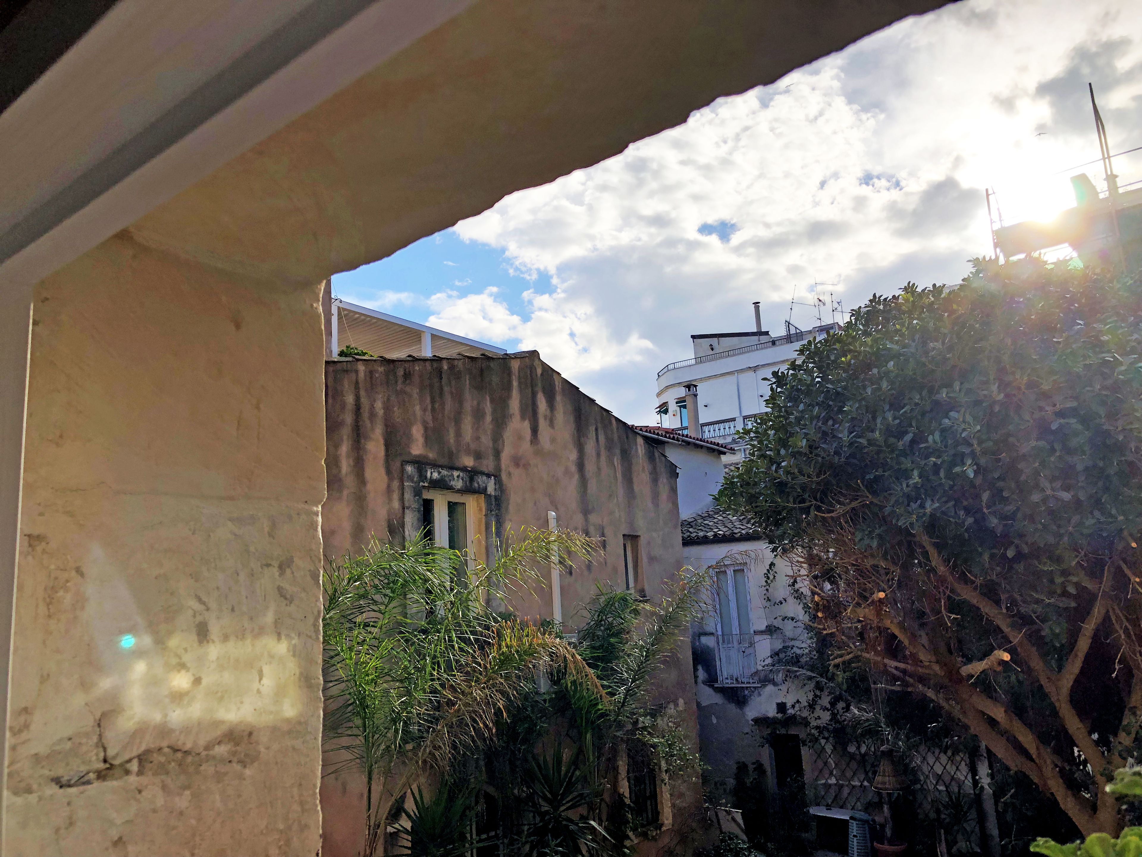 A courtyard with buildings, a small window, and a tree.