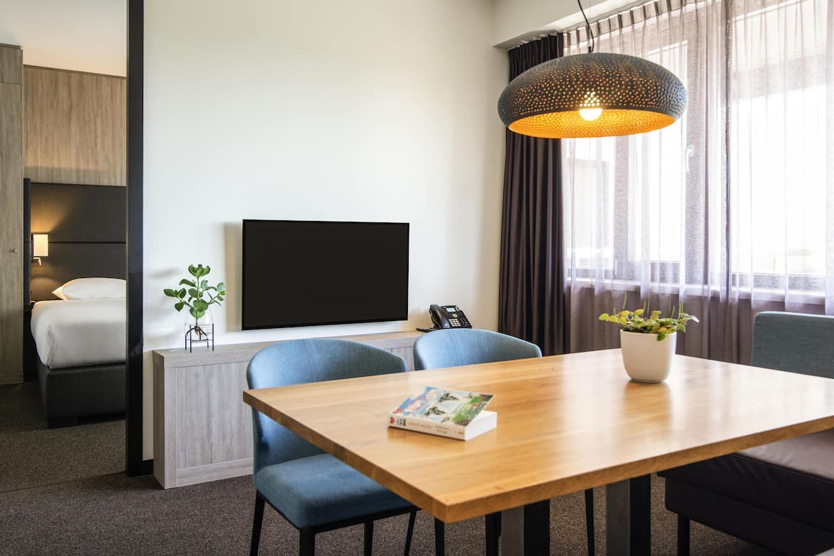Une chambre d’hôtel avec un lit, une télévision, une table à manger avec des chaises, une plante en pot et une grande fenêtre avec des rideaux.