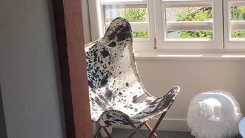 A room with a large window, a folding chair, and a fluffy white object on the floor.