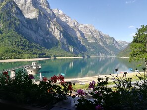 A serene lake with mountains in the background, a dock, and some flowers in the foreground. - Hotel Rhodannenberg AG (Glarus)