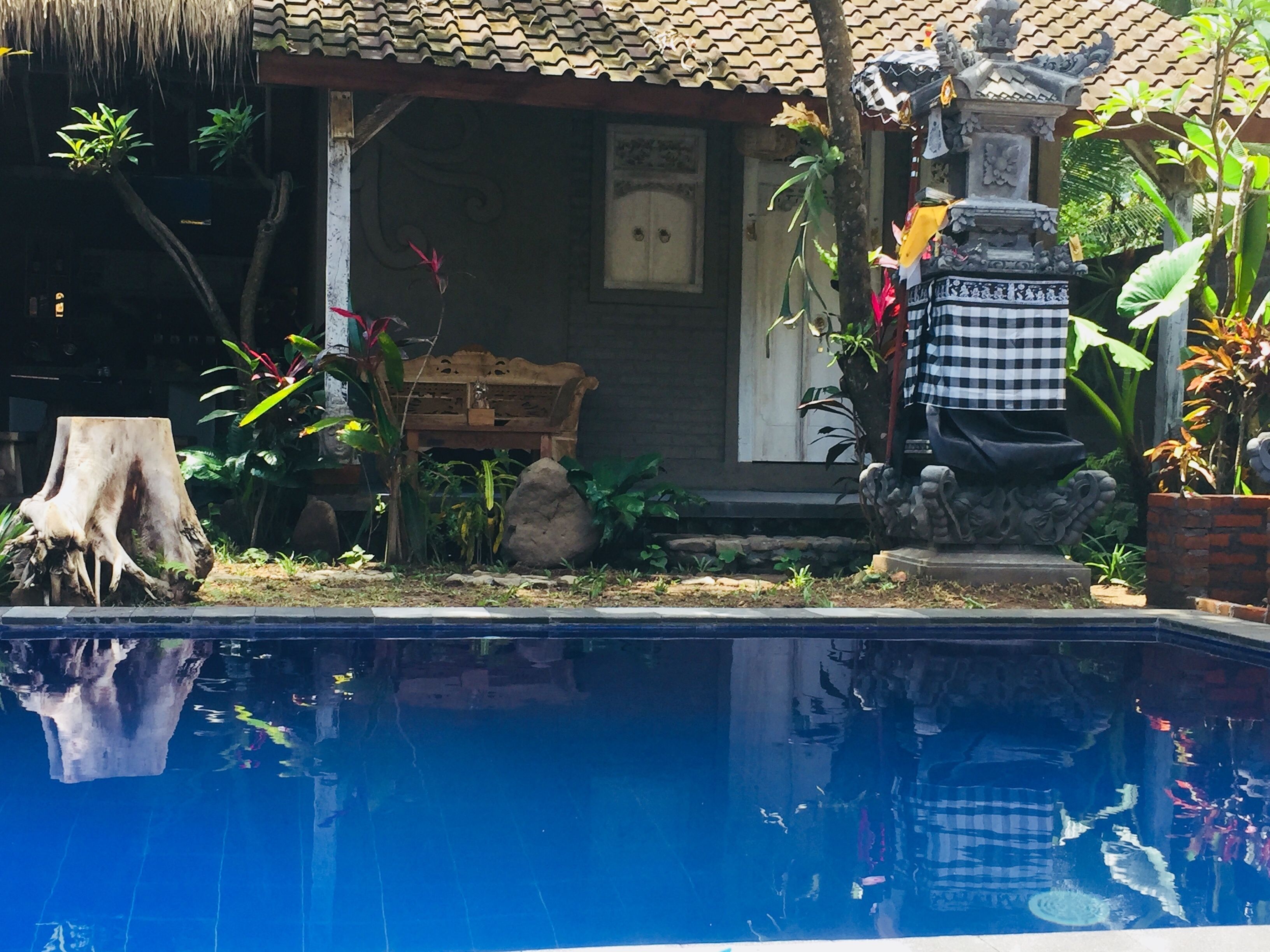 A pool area with a stone bench, a decorative statue, and lush greenery.