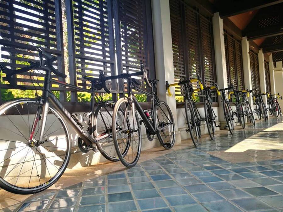 Bicycles parked in a covered area with tiled flooring and wooden slats.