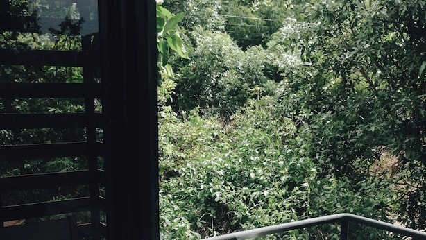Un balcón con vistas a abundante vegetación, una silla blanca y una mesa pequeña con un objeto blanco encima.
