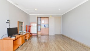 Una habitación amplia con escritorio de madera, televisor y zona de kitchenette.