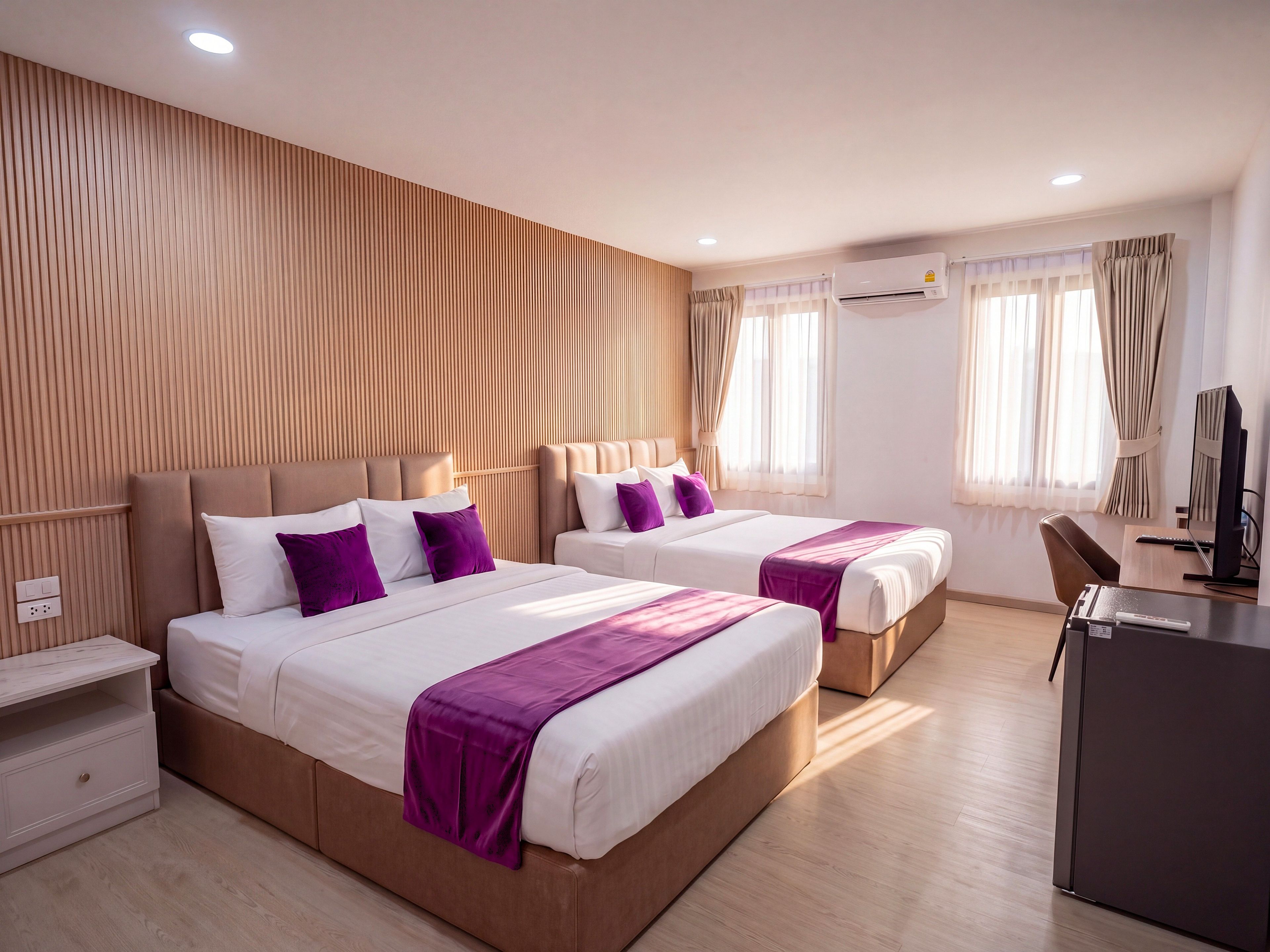 Quarto de hotel com duas camas, uma escrivaninha, ar condicionado e uma janela com cortinas.