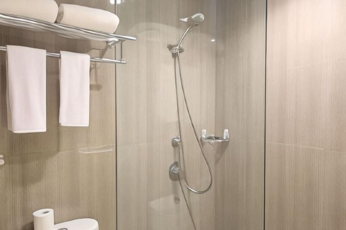 Baño | Regadera, amenidades de baño gratuitas, pantuflas, toallas 