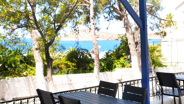 A covered outdoor seating area with a table and chairs, a hanging light fixture, and a view of the sea and trees. - Aphrodite Studios (Kalymnos)